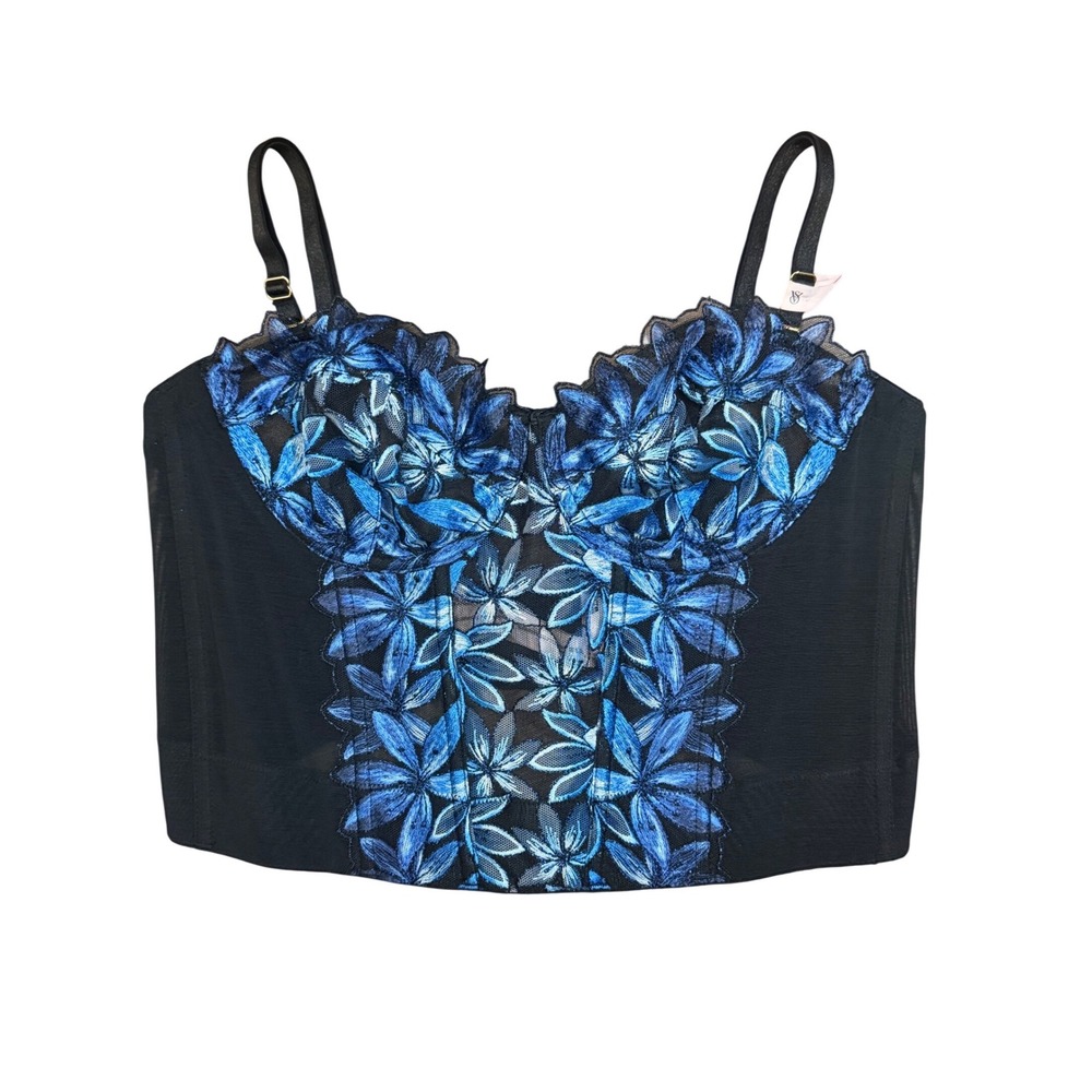 Victorias Secret Floral Embroidered‎ Mesh Bustier Corset Top Black Blue 36B NWT